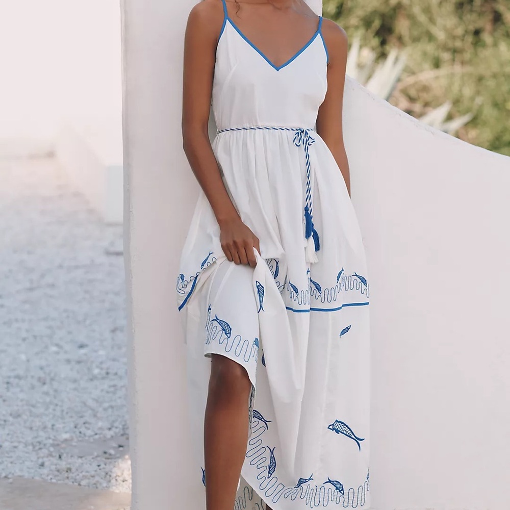 Anthro Celandine Embroidered Cotton Tiered Maxi Dress